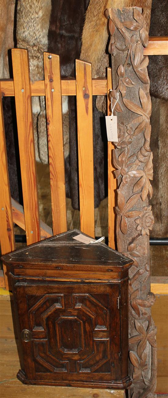 Carved pine beam and a small oak corner cupboard